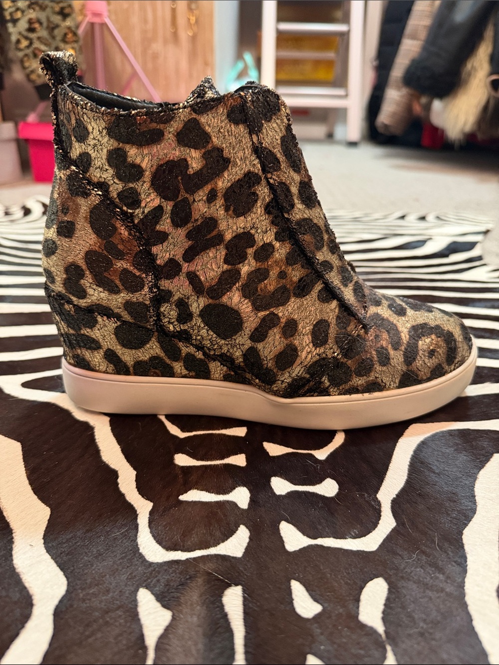 Leopard-Print Wedge Sneaker Bootie — Brown/Black